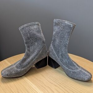 Women's (Size 37) Shimmering Silver No-Slip Ankle Booties With Angled Block Heel